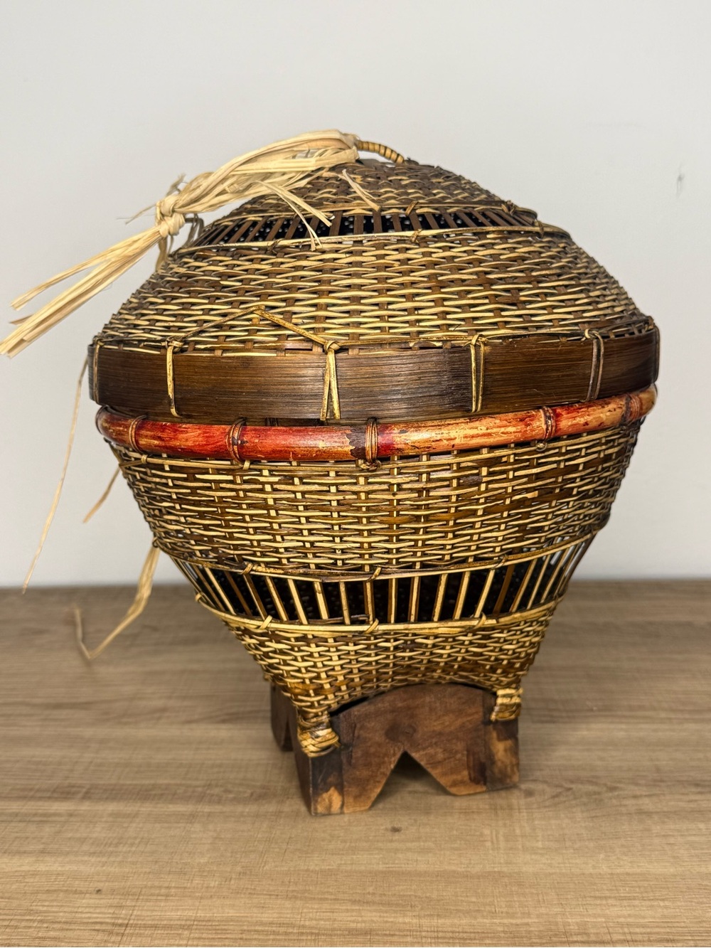 Vintage Balinese Fishing Basket with Red Accent
